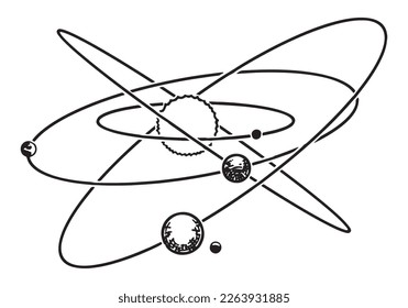 Abstract planetary system sketch. Simple astrology science symbol outline clip art. Hand drawn vector illustration isolated on white.