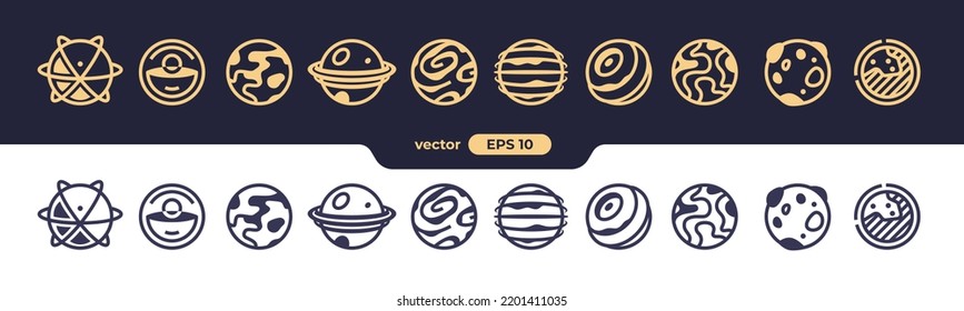 Abstract planets set. Planet Earth and sun icon. Space background. World symbol. Vector eps10 illustration. Flat design. Line art. Simple minimalystic design. Silhouette isolated. Icons set.