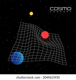 Abstract Planets In Space Vector Illustration 80s Retro Style. Futuristic Deformed Mesh Grid With Colorful Dots On Black Background