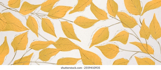 Abstract plant art background with yellow tree leaves with line elements. Botanical banner for decor, packaging, print, poster, wallpaper, interior design, textile.