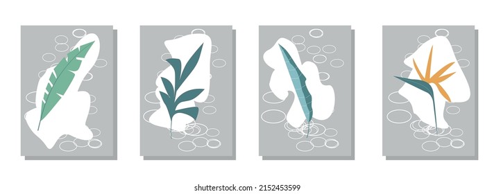 Abstract plant art design for print, cover, wallpaper, minimal and natural wall art. Vector illustration.Set of 4 vector posters on a gray background.Flat vector style tropical plants.