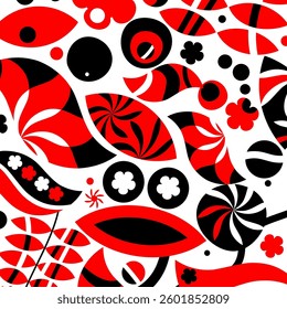 Abstract plant art in red, black colors on a white background. Bright cover or creative background.