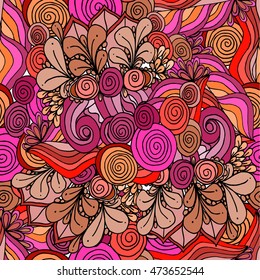 Abstract plant background of drawn shapes pink, red