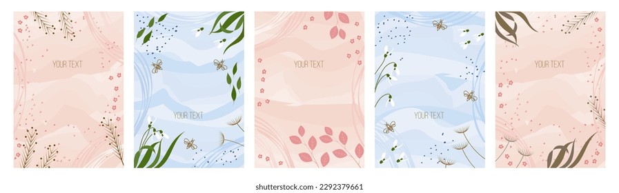 Abstract plant, cute flower and leaf, pattern posters with copy space. Spring doodle texture for notebook cover, fashion invitation, social media posts. Vector current illustration background