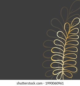 Abstract plant, drawn with a golden line on a black background. Template for a postcard, invitation, or banner. Vector graphics.
