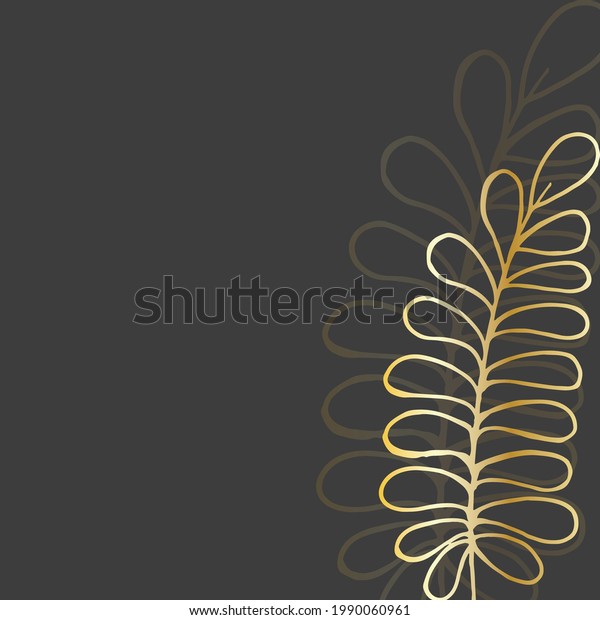 Abstract plant, drawn with a golden line on a\
black background. Template for a postcard, invitation, or banner.\
Vector graphics.