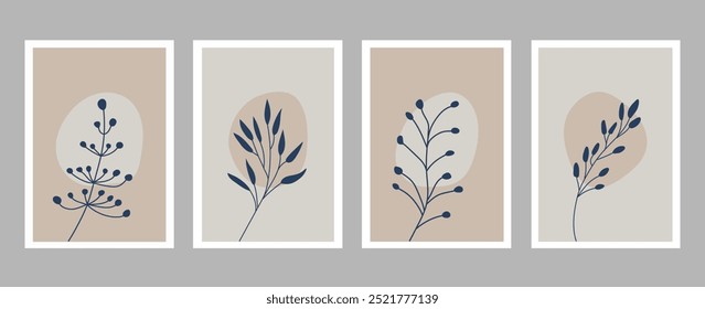 Abstract plant and floral art designs for wall arts. Vector illustrations set of 4. Modern home wall art décor. Botanical plant and floral art for interior design.