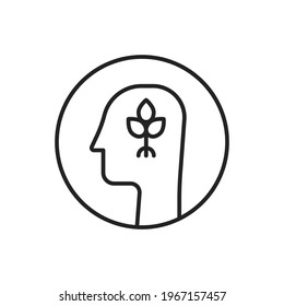 Abstract Plant In Head Like Thin Line Wellbeing Logo. Flat Outline Keep Calm And Peace Logotype Graphic Stroke Silhouette Design Isolated On White. Concept Of Inner Happiness Or Healthy Life Balance