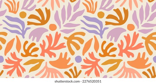 Abstract plant leaf art seamless pattern with colorful freehand doodle collage. Organic leaves cartoon background, simple nature shapes in vintage pastel colors. 