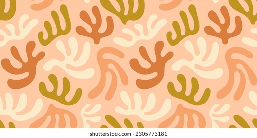 Abstract plant leaf art seamless pattern with colorful freehand doodle collage. Organic leaves cartoon background, simple nature shapes in vintage pastel colors. 