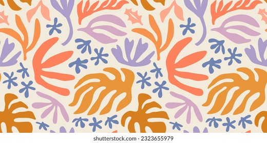 Abstract plant leaf art seamless pattern with colorful freehand doodle collage. Organic leaves cartoon background, simple nature shapes in vintage pastel colors.  svg