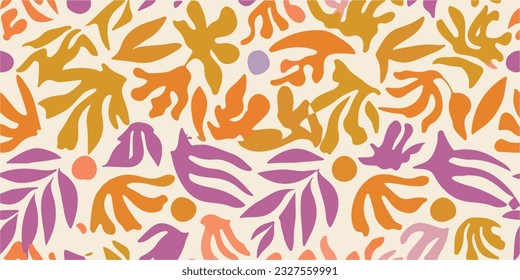 Abstract plant leaf art seamless pattern with colorful freehand doodle collage. Organic leaves cartoon background.