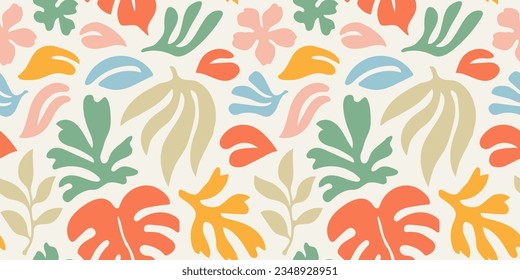 Abstract plant leaf art seamless pattern with colorful freehand doodle collage. Organic leaves cartoon background, simple nature shapes in vintage pastel colors. 