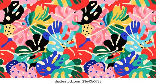 Resumen del arte de la hoja de planta sin fisuras con doodle de follaje de verano exótico dibujado a mano. Fondo de caricatura de hojas orgánicas, formas naturales simples en colores pastel vintage. 