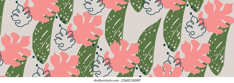 Abstrakte Pflanzenblattkunst nahtloses Muster mit bunter Freibäder- und Doodle-Collage. Organisch Blätter Cartoon Hintergrund, einfache Naturformen in Vintage Pastellfarben.