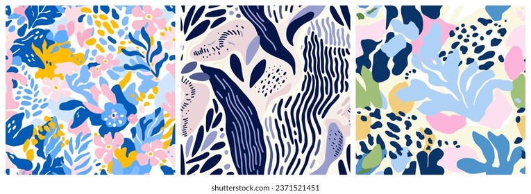 Abstract plant leaf art seamless pattern set with colorful hand drawn exotic summer foliage doodle. Organic leaves cartoon background collection, simple nature shapes in vintage pastel colors. 