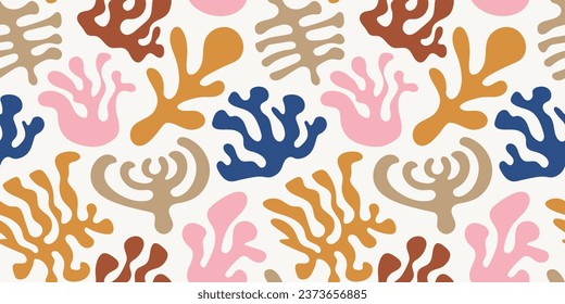 Abstract plant leaf art seamless pattern with colorful freehand doodle collage. Pastel shades. Organic leaves flat background, simple nature shapes in vintage pastel colors.