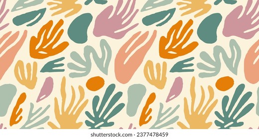 Abstract plant leaf art seamless pattern with colorful freehand doodle collage. Organic leaves cartoon background, simple nature shapes in vintage pastel colors. 