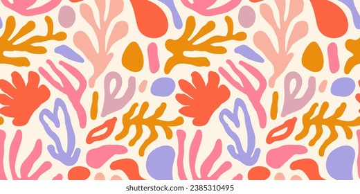 Abstract plant leaf art seamless pattern with colorful freehand doodle collage. Organic leaves cartoon background, simple nature shapes in vintage pastel colors. 