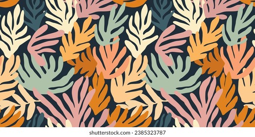 Abstract plant leaf art seamless pattern with colorful freehand doodle collage. Organic leaves cartoon background, simple nature shapes in vintage pastel colors. 