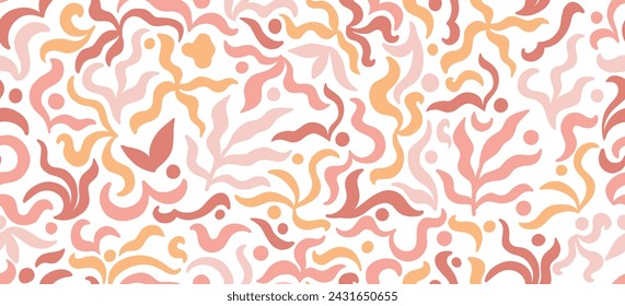 Abstract plant leaf art seamless pattern with colorful freehand doodle collage. Organic leaves cartoon background, simple nature shapes in vintage pastel colors.