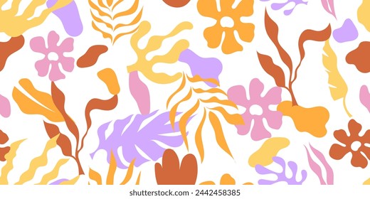 Abstract plant leaf art seamless pattern with colorful freehand doodle collage. 