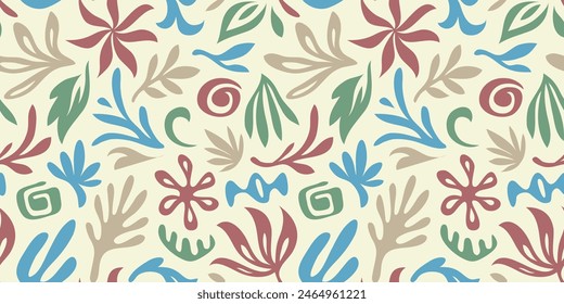 Abstract plant leaf art seamless pattern with colorful freehand doodle collage. Organic leaves cartoon background, simple nature shapes in vintage pastel