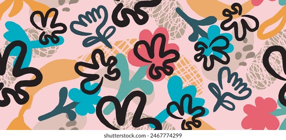 Abstract plant leaf art seamless pattern with colorful freehand doodle collage. Organic leaves cartoon background, simple nature shapes in vintage pastel colors.