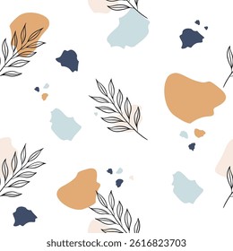 Abstract plant leaf art seamless pattern with colorful freehand doodle collage. Outline organic leaves cartoon background, simple nature shapes in vintage pastel colors. Vector illustration.