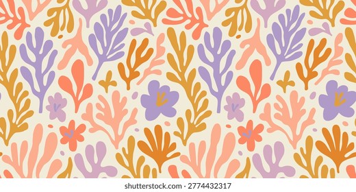 Abstract plant leaf art seamless pattern with colorful freehand doodle collage. Organic leaves cartoon background, simple nature shapes in vintage pastel colors. 