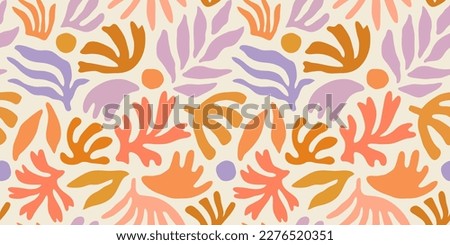 Abstract plant leaf art seamless pattern with colorful freehand doodle collage. Organic leaves cartoon background, simple nature shapes in vintage pastel colors. 