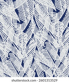 Abstract plant leaves foliage brush lines pattern in white and indigo blue, Japanese and ethnic hand drawn, wood carving, block print textured surface background, simple graphic for textile, carpet