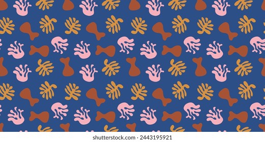 Planta abstracta hojas sin costura Patrón sobre fondo azul. Diseño de garabato a mano alzada colorido botánico. Fondo de dibujos animados de flores orgánicas, formas simples de la naturaleza en colores pastel vintage.