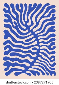 Abstract plant modern art style. Botanic vector illustration in blue color. Matisse plants style in art. Vector design. Composition in rectangle. Retro poster