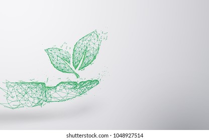 Abstract Plant on hand form lines and triangles, point connecting network background. Ecology concept