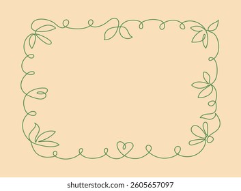 Abstract plant ornament line art. Simple frame, border. Flowers, leaves, hearts, spirals, lines, curls. One line drawing. Banner, place for text. White isolated background.