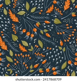 Abstract plant pattern. Background with falling leaves, berries and tree branches. Vector illustration of fairy forest.