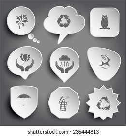 abstract plant, recycle symbol, owl, bird in hands, weather in hands, deer, umbrella, bin, killer whale as recycling symbol. White vector buttons on gray.