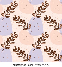 Abstract plant seamless pattern background. A dotted twig and delicate blue and beige simple shapes for wallpaper design, wrapping paper, fabrics for children's clothing, etc.