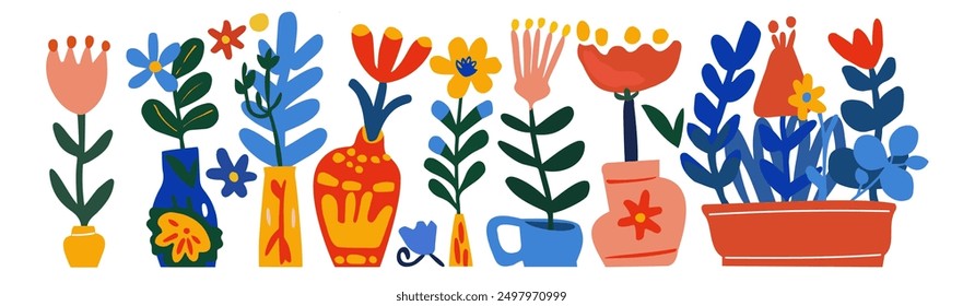 Abstract plant set. Kids ornament, flower illustration naive, art elements, graphic isolated decor. Simple color, garden spring and summer, design doodle isolated elements. Vector cartoon background