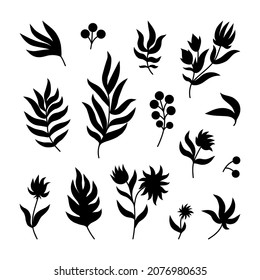 Abstract Plant Silhouette set. Different Garden Flowers, Leaves, Berries, herb. Forest Tree Branches, Fern. Floral collection of clip art. Vector design elements isolated for greeting card, invitation