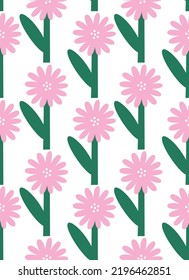 Abstract plant. Simple flower seamless pattern. Naive art, infantile style. Vector illustration.