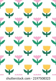 Abstract plant. Simple flower seamless pattern. Naive art, infantile style. Vector illustration.