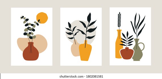 Abstract plant wall decor. Contemporary poster set of potted flowers boho style. Modern organic shapes, hand drawn vector illustration. - Shutterstock ID 1802081581