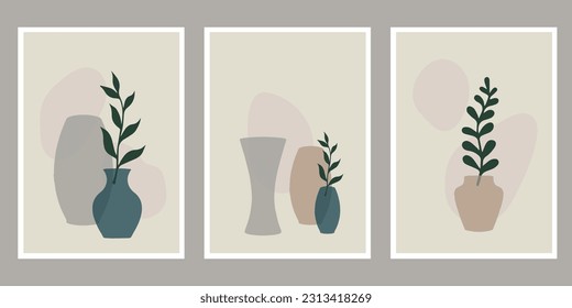 Abstract plant wall decor. Contemporary poster set of potted flowers boho style. Modern organic shapes, hand drawn vector illustration.