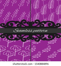 Abstract plant. White line on a lilac background. Seamless pattern for fabric and wallpaper. Four patterns in swatches. Vector graphics