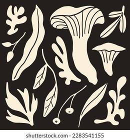 Abstract plants background. Modern style vector illustration. Mushroom, leaf, plants isolated graphic element. 