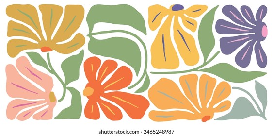 Abstract plants. Botanical doodle background art set. Flower and leaves abstract shape. Trendy floral in Matisse style design for print, wallpaper, clipart, wall art for home decoration.
