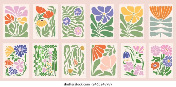 Plantas Abstractas. Conjunto de arte de fondo de garabato botánico. Flor y hojas de forma abstracta. Diseño floral de moda en estilo Matisse para impresión, Fondo de pantalla, Clipart, arte de la pared para la decoración del hogar.