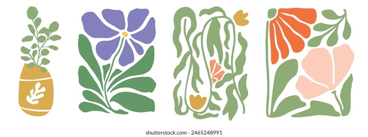 Abstract plants. Botanical doodle background art set. Flower and leaves abstract shape. Trendy floral in Matisse style design for print, wallpaper, clipart, wall art for home decoration.